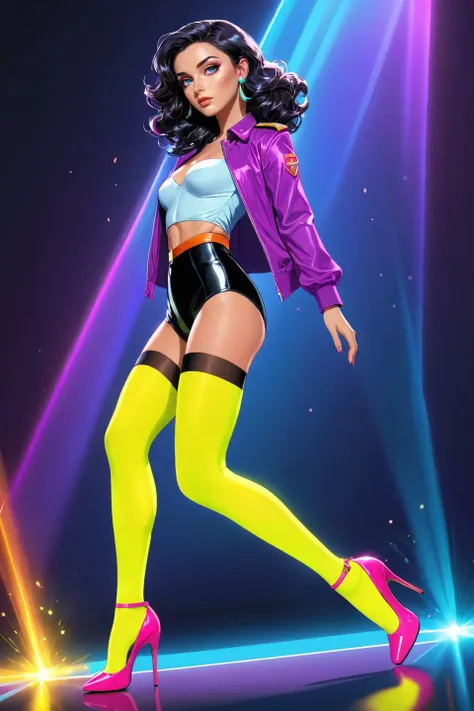 Pop Art, art of (horny:1.3), (neon_glowing_legwear:1.3), (chiaroscuro:1.3), (dynamic angle:1.3),(dynamic scene:1.3),(action packed:1.3), solo, (particles_and_sparks_in_air:1.3), <lora:DDR_Fashion:0.1>, AnalogRedmAF <lora:AnalogRedmondV2-Analog-AnalogRedmAF:0.1> high heels, sunny cinematic lighting, standing, worried expression (best quality:1.2), (detailed:1.2), (masterpiece:1.2), 1woman, ((smile:0.1):0.3), long curly black hair, epaulettes, earrings, fisheye full body, high heels, solo, beautiful eyes, ankle bow, <lora:add-detail-xl:1> <lora:DetailedEyes_V3:1>, perfect eyes <lora:perfect-eyes:0.3>, (closed mouth:1.3), vivid colors, flat color, 2D, strong lines, Pop Art