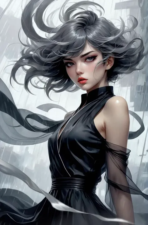 elegant 20 years old young woman windy, storm, intense scene, by Masamune Shirow and Victo Ngai and Nick Knight, sparkling eyes, blush, Dark Gray hair, mist, fog, gloomy, intense eyes,