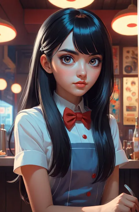 portrait of funny giant cute eyes waitress with long black hair, intricate abstract. intricate artwork, by tooth wu, wlop, beeple, dan mumford. concept art, octane render, trending on artstation, greg rutkowski very coherent symmetrical artwork. cinematic, key art, hyper realism, high detail, octane render, 8 k, iridescent accents ilya kuvshinov, nikolay makovsky, wl