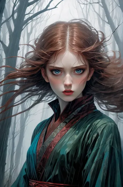 esthetical 20 years old young woman windy, storm, intense scene, by GatÅken Shunshi and Harry Clarke and Jeff Easley, sparkling eyes, blush, Bear Brown hair, mist, fog, gloomy, intense eyes,