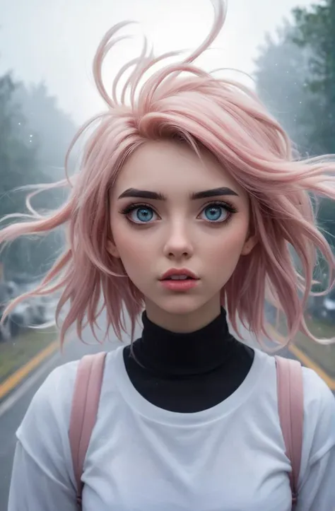 __adj-beauty__ {20|21|22} years old young woman stuck in the hair, shrugging, __adj-beauty scene, by __artist-anime__ and __artist-cartoon__ and __artist-dig3__, sparkling eyes, blush, __color__ hair, mist, fog, gloomy, intense eyes,