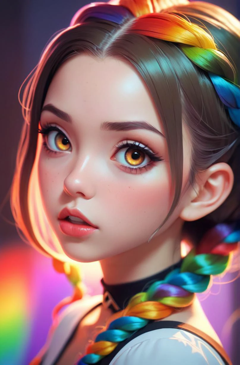 sexy scene of a beautiful young woman, soft lips, cute eyes, rainbow braided hairstyle, the cutest ever, cute expression, dracula costume, day, olive skin, sparkling brown eyes, blush, high angle, small breasts, semirealistic, (colorful, cute, vivid), cute, cinematic, hyperrealistic, face by ilya kuvshinov, artgerm, lya kuvshinov, artstation