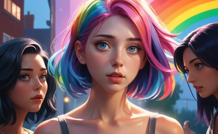 cute scene, multiple young woman, semirealistic, sparkling eyes, colorful hair, rainbows, upper body, cleavage, sexy, 3d, sharp, various skin colors, various ethnicity, action, motion, candid, ilya kuvshinov, photorealistic, bokeh, masterpiece, modern, intricate, highly detailed, cinematic, 8k, professional digital painting, in the style of gregory crewdson