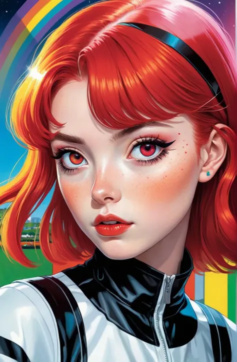 pleasant 20 years old young woman, by Hayao Miyazaki and Butcher Billy and Donald Sherwood, sparkling eyes, blush, Racing Red hair, vivid, colorful, rainbow eyes,