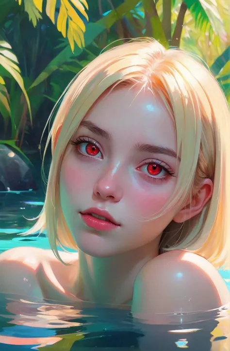 a 21 years old Gabonese zingy young woman in a serene scene, pure innocence, calm, relaxation, vibrant, colorful, oasis semirealistic, sparkling eyes, daydreaming, sexy, light blonde hair, deep red eyes, by Hikari Shimoda, ilya kuvshinov, krenz cushart, sakimichan, d & d trending on artstation, digital art