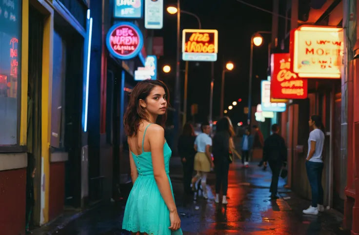 35mm film, shot on a Canon EOS,semi-realistic, candid voyeuristic side-view full body photo of a beautiful Irish-Mexican wife, on the streets at night surrounded by neon lights, wandering to nowhere in particular, wondering why she isn't married yet to her prince charming, haze rising from the wet streets, How did I get here? This is not my beautiful life