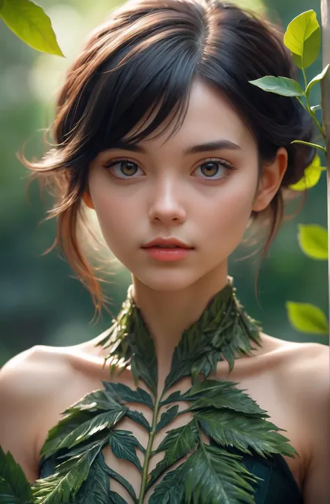 Semi-nude、(((Hide the chest with leaves)))、(((Covering her crotch with leaves)))、beautifulgirl, (((((Model Body Type)))), (((tall)))、((Bite))、Long Hair、Show your face, Sticking out tongue, short hair, brown, 8K, Professional photography, delicate, clear, in the forest, sun, Light leakage, masterpiece, (beautiful), (reality), smile, wonderful, Angel, young(Detailed face)、reality的Skin、((delicateな写真))，(Girl Masterpiece RAW Photo Details:1.25), (Highest quality:1.6), (Ultra-high resolution:1.5), (Realistic:1.75), 8K resolution,50mm, Absurd, Ultra-detailed,Cinema Lighting、(blunt bangs)
