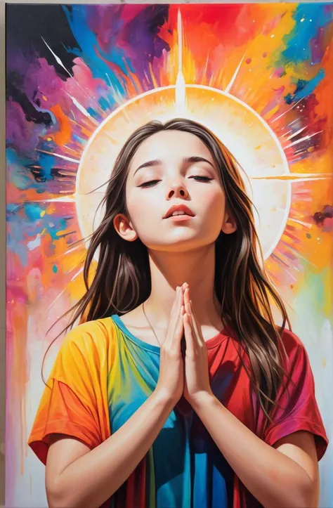 une femme de 25 ans, en sous vêtement, bodypainting multicolor, in a church