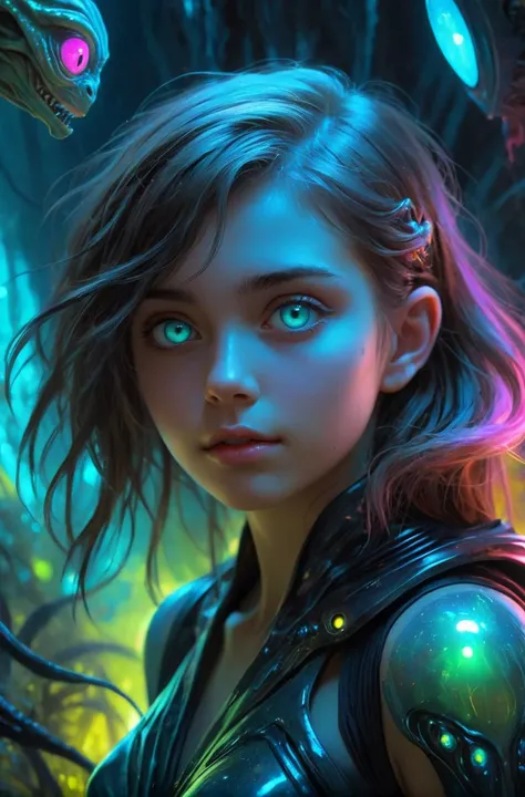 21 years old young woman exploring a bioluminescent alien world, semirealistic, colorful, vivid, sparkling eyes, shy, 
 realistic, sharp focus, digital art, concept art, ambient lighting, 4k, artstation hd, art by artgerm, luis royo, greg rutkowski, james gurney, james jean