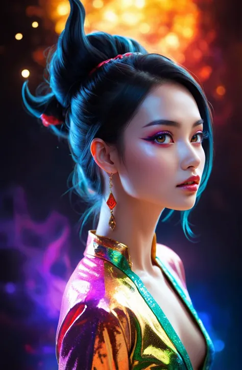 evil young woman, vivid, colorful, atmospheric, sexy, semirealistic, sparkling eyes, full body, [Lao], from side,
