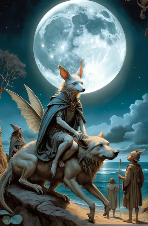 a exceptional scene, iredescent, superimposed over a full moon, hyper-realistic, by wes anderson, brian froud, by gustave dore and anton fadeev