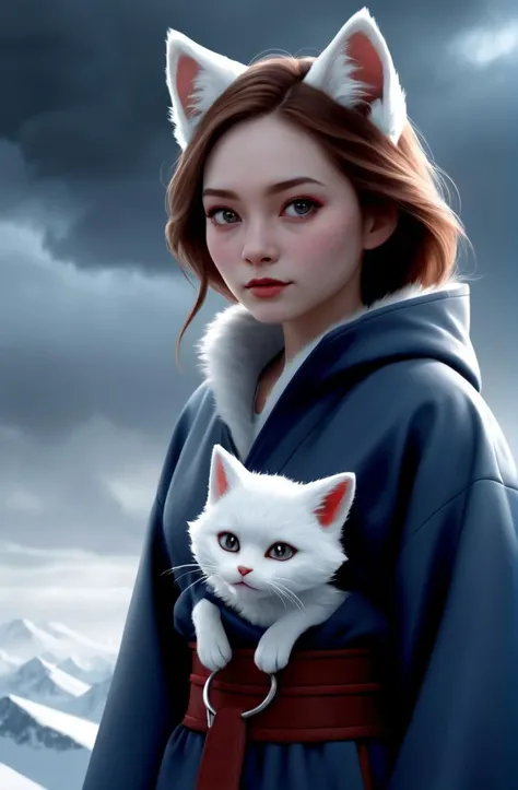 a epic vista, a cute kitsune young woman, by andy park, atmospheric, moody, at night, Liberian, charming, dreadful, flawless, frightening, obscured, clouds, mist, cat girl,
photorealistic, ultra detailed, ultra realistic, one beautiful dreamy seductive ethereal white north pole girl portrait, cinematic lighting, trending on artstation, 2 0 mm, by noah bradley trending on artstation, deviantart, 8