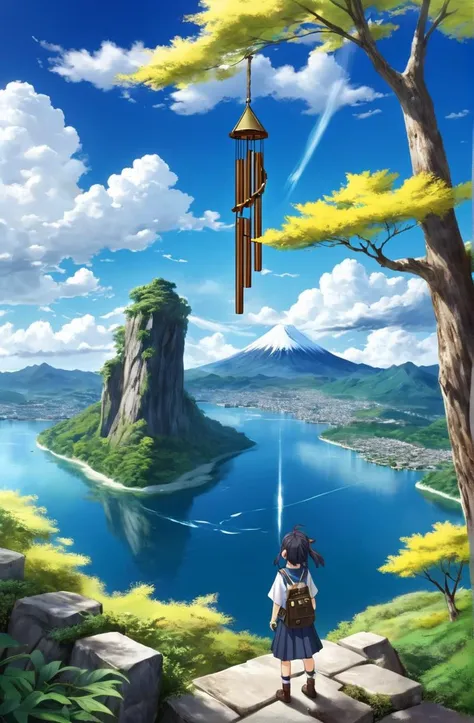 a wacky scene,  ikeuchi tanuma, cloud, commentary request, day, highres, horizon, landscape, mountain, mountainous horizon, no humans, original, outdoors, photoshop medium, scenery, sky, tree, water, waterfall, yamamoto souichirou, yellow eyes, zen'in makioru, zun artist, zuikaku kai ni kancolle, wind chime, zuikaku kai ni kancol