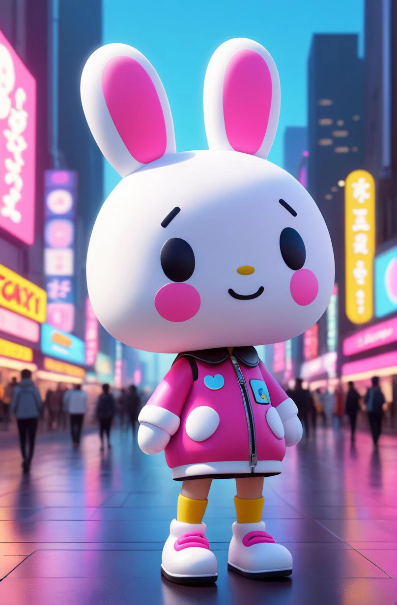 futuristic scene, 21 years old young lovely woman, semirealistic, atmospheric, kawaii, Cooky, bt21, Sanrio inspired, iconic, brush strokes, octane render