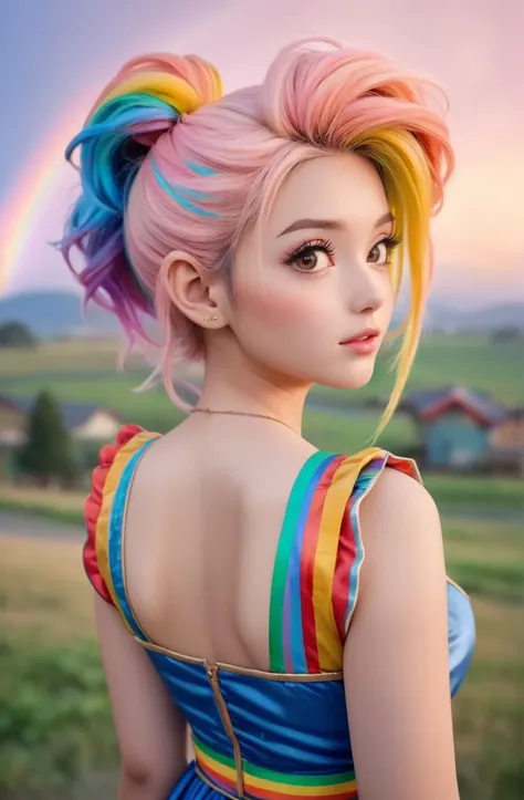 candid scene of a beautiful young woman, soft lips, cute eyes,  rainbow quiff hair, cleavage, the cutest ever, cute expression, peasant costume, dusk, peach skin, sparkling gold eyes, blush, from behind, small breasts, semirealistic, (colorful, cute, vivid),