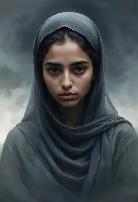 semirealistic digital painting of 21 years old Omani young woman, shadowy, dualistic, overcast, melancholy, eerie, unbearable, reverence, likely, lank, multiple exposure photography,