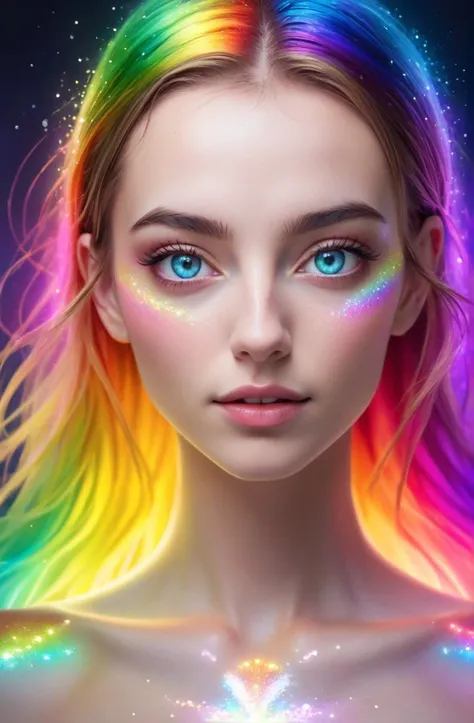 good aligned young woman, vivid, colorful, atmospheric, sexy, rainbow, semirealistic, sparkling eyes, upper body,