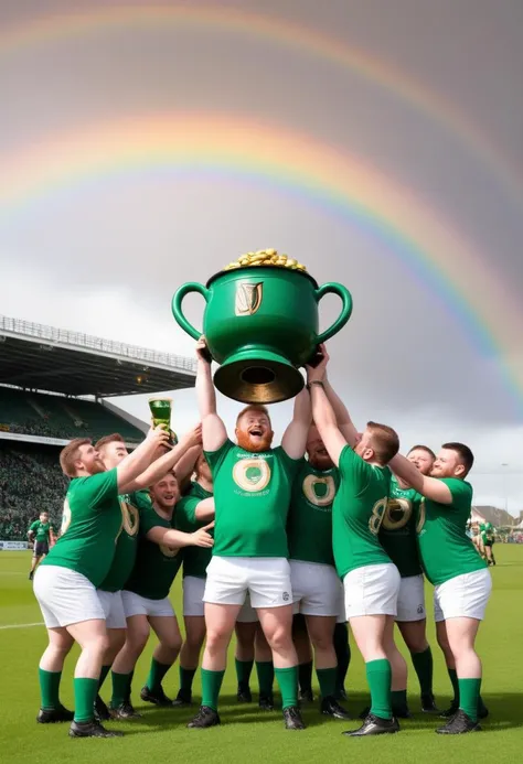 a group of leprechaun football team are lifting a cup in the shape of a pot of gold, sponsored by guinness,