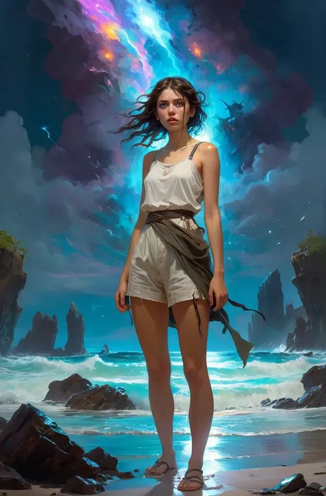 alone in the universe, in watercolor style, Photorealism, discreet golden and ruby and mint shades, (nude) gentle modest thin girl 16 years old (with a very beautiful exquisite face) southern type with short dark hair with beautiful breasts with tender nipples (barefoot) in a long orange skirt walking in the distance (Across the desert) with a clay jug in hand, stunted little plants, drought, precious jewelry on the neck and chest and on the wrists, precious bracelets, ankle bracelets