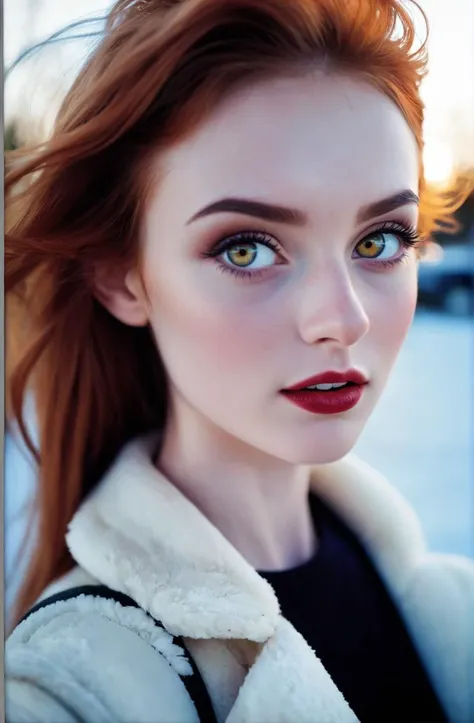 instagram picture of lovesome 20 years old young woman, semirealistic photograph by Imogen Cunningham, sparkling eyes, sexy clothes, winter, happy to see you, cute, (artsy, colorful), light makeup, lovely, â¤ï¸, evening, vivid, auburn hair, white skin, shadow,  amber eyes, showstopping, skinny, medium breasts, gloss lipstick, Montenegrin,  
RAW candid cinema,16mm,color graded portra 400 film,remarkable color,ultra realistic medium,  detailed