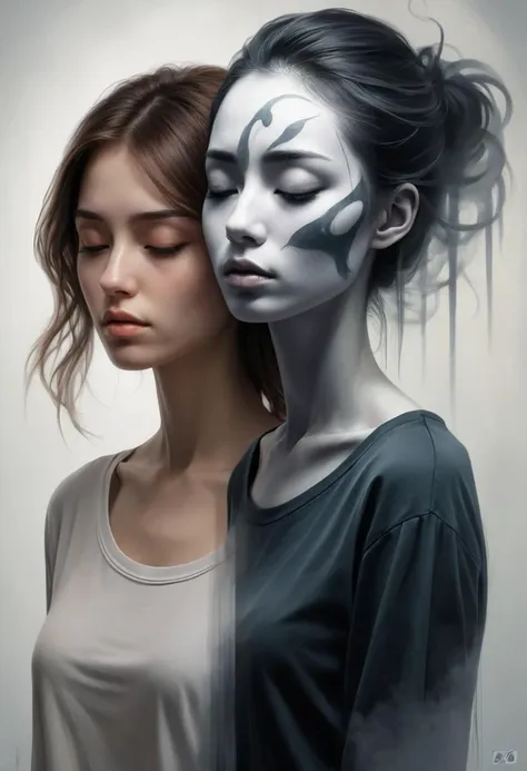 semirealistic digital painting of 21 years old young woman, shadowed, yin and yang, misty, mournful, cacophonous, unfree, artwork, lovely, skinny, high-speed photography,