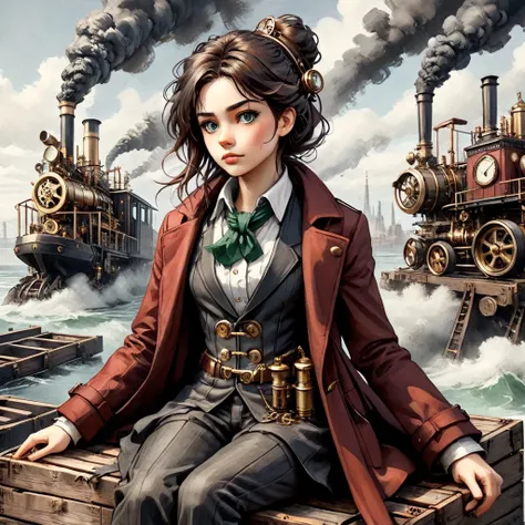 Create an 8K anime illustration, fusing John Singer Sargent's artistry with anime style. Focus on a 25 yo girl with black, long and messy hair, green eyes, capturing Sargent's emotional depth and anime's vibrancy. Her attire should blend a red overcoat, a scarf, and a white shirt with anime flair. She's sitting on a wooden crate. The background, a steampunk industrial scene, should merge Sargent's detail-oriented realism with anime's dynamic exaggeration. Ensure every detail, from expression to setting, weaves a story that's uniquely steampunk. <lora:add-detail-xl:1.85>, steampunknoireai,(dynamic angle:1.3)