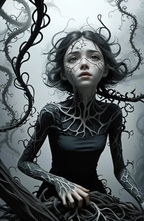 a scene of innocence lost, fractal corruption, (creeping veins, infected skin), infected 21 years old young delicate french woman in distress, semirealistic, , infestation, atmospheric, corrupted black vines, ooze,