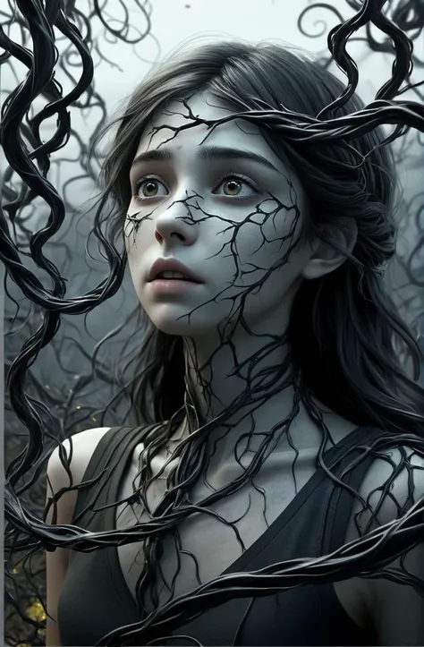 a scene of innocence lost, fractal corruption, (creeping veins, infected skin), infected 20 years old young glamorous spanish woman in distress, semirealistic, , infestation, atmospheric, corrupted black vines, ooze,