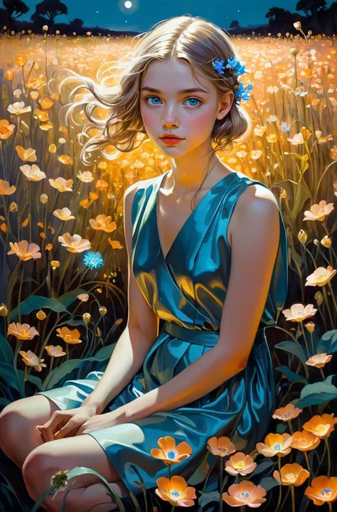 21 years old young woman sitting in a field of bioluminescent flowers, semirealistic, colorful, vivid, sparkling eyes, hopeful, 
 j, c, leyendecker, karol bak