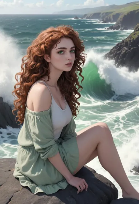 Young woman in her 20s, with long, curly hair and piercing green eyes, sitting on a rock surrounded by crashing waves, looking out at the vast ocean in front of her. The wind is blowing softly, ruffling her hair and clothes. Her expression is one of tranquility and serenity as she takes in the beauty of her surroundings., 2d animation, , (&:0)