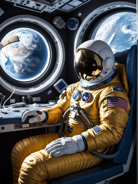mystery book cover art, suspenseful, shadowy, atmospheric, dark colors in the vast expanse of space, a lone astronaut in a vibrant yellow spacesuit sits comfortably in an airy spacecraft. the blue and white earth can be seen through the window, creating a striking contrast against the blackness of space. the astronaut's focused gaze is directed towards the celestial view, their right hand gently resting on the armrest while the left hand rests peacefully in their lap. the spacesuit is equipped with essential features such as gloves, a helmet, and a communicator, symbolizing the astronaut's readiness for any challenges that may arise during this extraordinary journey.
