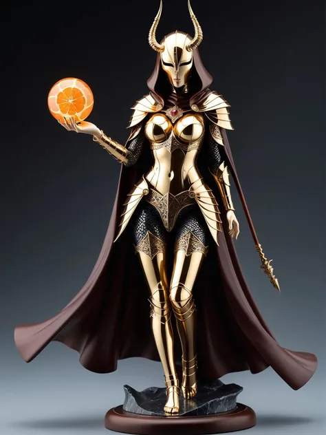quirky robotic suit style the product is a detailed figurine of a female warrior character from a fantasy universe. the figurine is meticulously crafted with a dark metallic armor that covers her body, providing an intense and imposing appearance. her attire includes a mask that adds to her mystique and power. in her hand, she holds a spear with an orange orb at the end, symbolizing strength and magic. her long brown cloak flows gracefully around her, creating a sense of movement even in stillness. a gold emblem adorns the cloak, signifying her status or allegiance within her world. the figurine is placed on a dark base, which complements the overall color scheme and creates a visually appealing display. the intricate details of this figurine capture the essence of the character, making it a perfect addition to any fan's collection who admires fantasy artistry and storytelling. . stylized characters, team based shooter, colorful maps, dynamic action