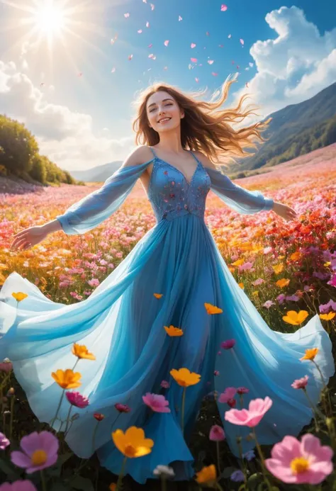 A young woman stands amidst a sea of flowers, her arms outstretched as if embracing them. Her dress is flowy and colorful, with petals scattered on it by the winds. The sky above her is a deep shade of blue, and she seems to be floating in this dreamlike world. A smile plays on her lips, and the sunlight illuminates her face, making her seem almost ethereal. This scene is surreal and beautiful, like nothing anyone has ever seen before., (&:0)