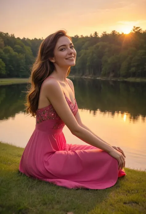 A young woman in her early twenties, dressed in a bright pink dress, is seated on a grassy hill overlooking a serene lake. The sun is setting behind the trees creating a warm glow that bathes her face in gentle light. She leans back with her arms extended, as though embracing the moment, and her long, brown hair flows gracefully in the breeze. A smile lights up her face as she takes in the stunning beauty of the scene before her. The colors of the sunset reflect off the water and cast a kaleidoscope of hues across her face, adding to the otherworldly feel of the moment. It's as though time stands still as she sits there, lost in thought or contemplation, a portrait of pure enchantment., (&:0)