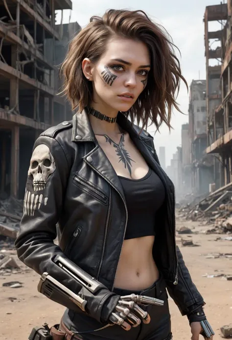 In this science-fiction portrait, we see a young woman, her face adorned with tribal markings that mirror the dystopian world she lives in. She wears a leather jacket with a skeletal design and wields an old revolver as if it were a sacred relic. Her hair is messy and unkempt, reflecting her rough-and-tumble lifestyle. In the background, a post-apocalyptic wasteland stretches out endlessly, with rusted hulks of vehicles and buildings scattered across the landscape like the bones of a long-dead civilization., (&:0)