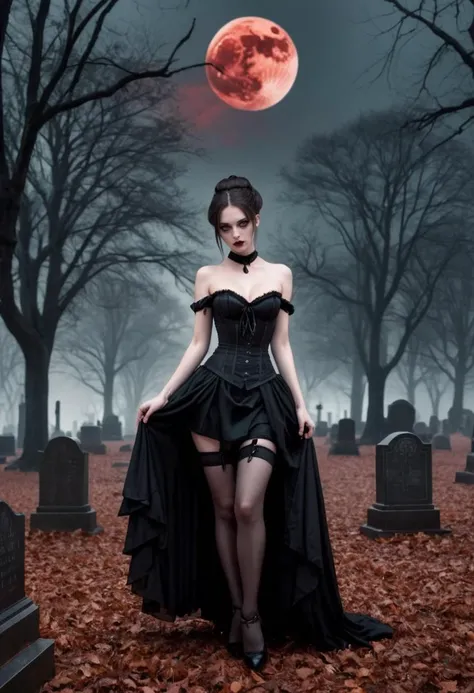 A misty graveyard on an eerie night, a blood-red moon casting its eerie glow across the cemetery grounds, while the wind whispers dark secrets and the trees sway in ominous warnings. In this setting, a young woman in her 20s dressed in a black corset dress with flowing black skirt and thigh-high stockings appears. Her hair is tied up in a bun atop her head, but long strands cascade down her back. She moves with a graceful sway, casting a hypnotic spell on all who behold her, as if she were the queen of this macabre world., (&:0)