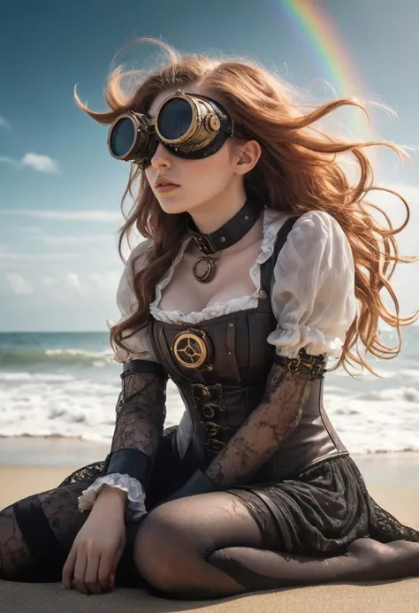 The young woman lounged on the beach, eyes closed as the effervescent waves crashed onto the shore, The serene flow of seawater dissolved into her skin, leaving it lighthearted and privy to steampunk fashion trends, The steampunk goggles shielding her eyes from the scorching sun cast a mesmerizing play of light across her face, creating an opaque veil that merged with the flowing sea mist, As she sat there, lost in thought, a troll emerged from the shadows, its broken features and fictional character made all the more real by its mesmerizing whispers, The atmosphere was laden with atmospheric phenomena like leaching rainbows and textured clouds that played off of the sun's light, creating a panoramic view of nature at its finest, , (&:0)
