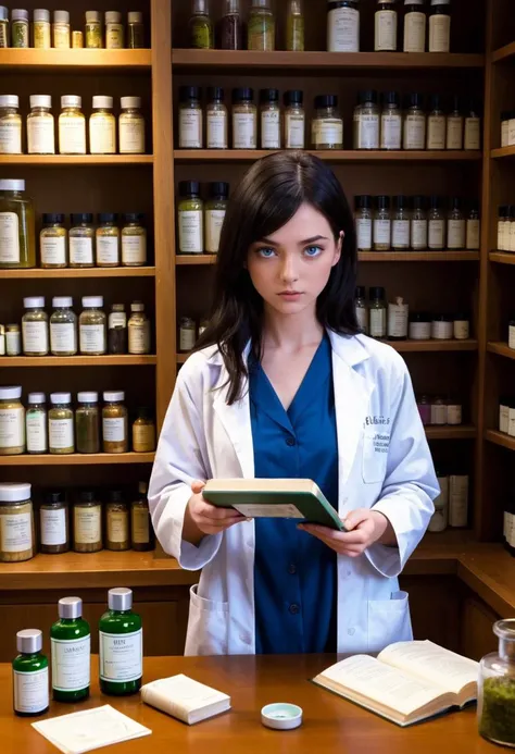 The image captures a young woman with striking blue eyes and dark hair, She stands confidently in front of a counter, donned in a white lab coat, Her expression is serious as she examines the contents of a small vial, In her hand, she holds a book, filled with notes about various herbs and concoctions, The backdrop to this scene is a warmly lit pharmacy, with shelves stocked with an array of potions and remedies, sexy, anime, digital painting, toon, , (&:0)