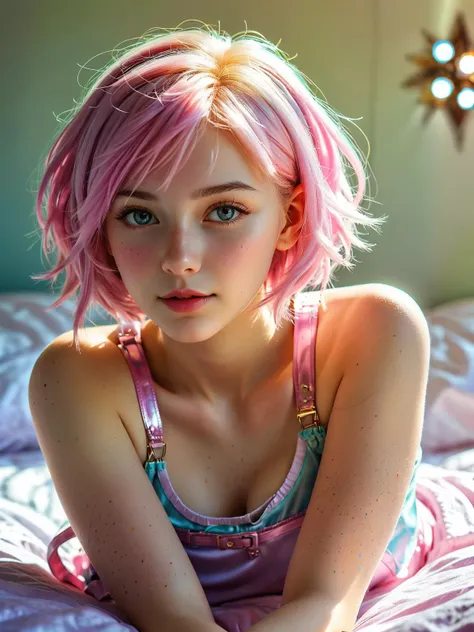 best quality, masterpiece, (pastel tones:1.1), fantasy, 19 years old girl, (blushing:1.2), unusually medium breasts on such a tiny girl, skinny, (skinny legs:1.2), (narrow pelvis:1.1), narrow ass, (shiny iridescent soft pink hair:1.1), sunlight passing through hair, shiny eyes, pale skin, on bed, HDR+, subsurface scattering, global illumination, depth of field, Bokeh