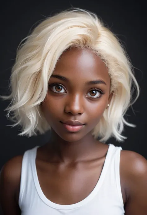 young St Lucian woman cute portrait, cute pose, cute expression, hazel eyes, platinum blonde hair, black skin,