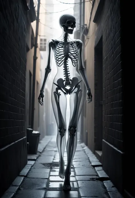 A young woman with a transparent body is seen walking through an alley, Her x-ray like appearance creates a surreal atmosphere as she seems to blend seamlessly with her surroundings, adding an element of mystery to the scene, The transparency of her body reveals intricate details of her internal organs and skeleton, making her a fascinating sight to behold, cinematic angle, film grain, close-up, see-through body,transparent body, , (&:0)