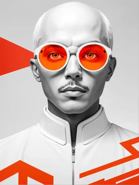 futuristic style the digital artwork captures the essence of a postcolonial era, with a cartoonish man who seems to be an embodiment of colonialism. his orange eyes are wide open, symbolizing the exploration and exploitation that characterized the colonial period. he is dressed in white, which might represent purity or innocence, but his expression suggests something quite different. a pair of glasses rests on his nose, possibly representing the idea of education and power. the bright red orange background contrasts sharply with his white attire, perhaps signifying the cultural clash and the dominance of the colonial mindset over the local culture. this image, while playful in its depiction of a adult, carries a serious message about the historical events and their lasting impacts. it reminds us of the complexities and contradictions inherent in the legacy of colonialism, even as we strive for unity and understanding across cultures. . sleek, modern, ultramodern, high tech, detailed