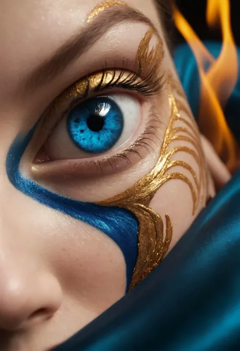 Woman, body art, hyper realistic eye, Satin Sheets Gold, Sapphire Blue, Peacock Blue, skin, close-up, chaotic, flaming, skin texture, pulsating, cinematic angle,