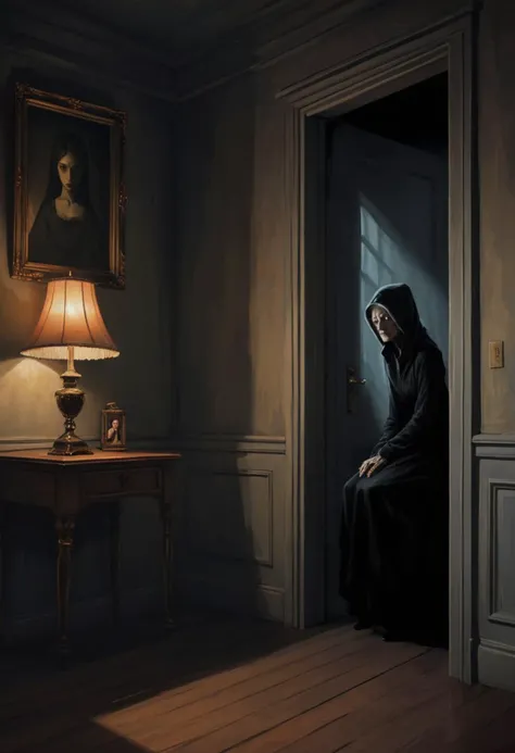 A young woman sits alone in a dimly lit room, her eyes fixed on a painting hanging on the wall. The portrait is haunting, depicting a dark figure shrouded in shadows. The girl feels a chill run down her spine as she gazes at the sinister image. Suddenly, the door creaks open and an old woman appears, carrying a lantern. She approaches the painting and whispers something unintelligible before closing the door softly behind her.
The young womanâs heart races as she stares at the painting, trying to decipher its meaning. She turns around only to find herself alone again in the eerie room. Suddenly, she hears a faint whisper coming from the portrait: âYou are next.â2d, anime, (&:0)