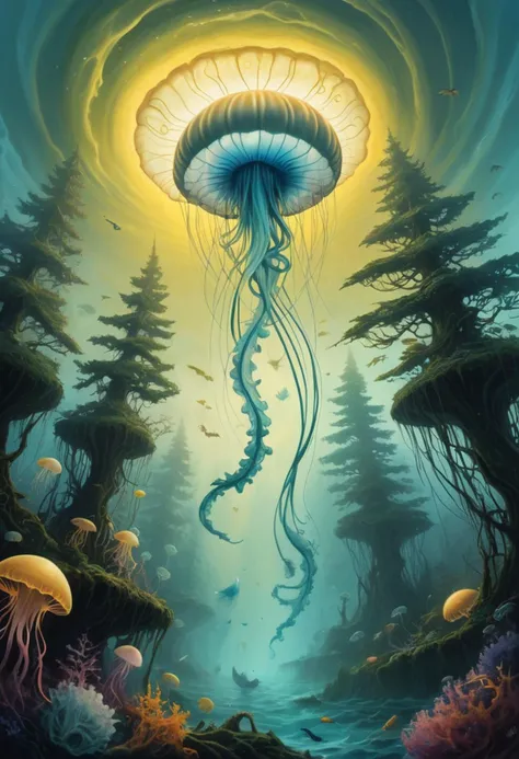 A swirling vortex of iridescent jellyfish-like creatures undulates beneath a sickly yellow sky, as if ocean currents have birthed a bioluminescent forest, The air reeks of acrid seaweed, yet gentle wisps of fog caress the surface, A distressed seagull soars overhead, its cries mingling with the cheerful chirping of insects amidst this surreal, biomimetic wonderland, , (&:0)