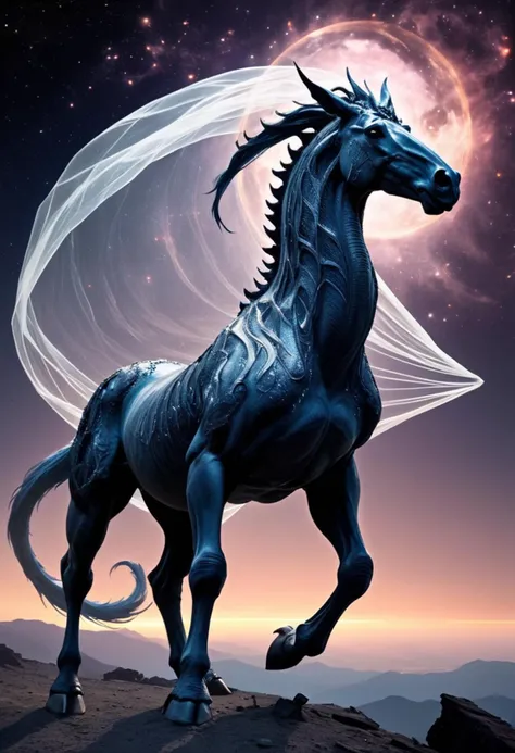 Amidst a torrid nebulaic twilight, a behemoth emerges: Crispia, a colossal equine creature with scales like shattered mirrors, forked tail swishing, pointed ears quivering to the whispers of the cosmos, One leg, a multipedal wonder, propels her forward as clawed appendages rip through the transparent veil of reality, , (&:0)