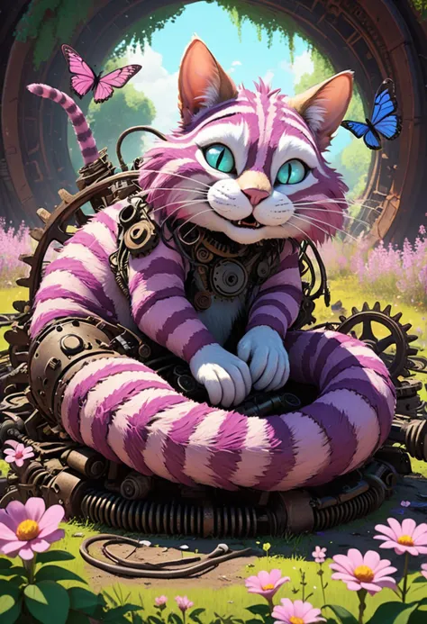 "A sun-drenched clearing in a forgotten meadow: a colossal rodent, camouflaged like a Cheshire cat, sprawls on a pile of rusty gears and wires, Padded paws splay out like a fan, while griffin wings spread wide, their single tails fluttering like flags, Amidst the digital whirring, a blossom blooms, radiating an otherworldly glow," , (&:0)