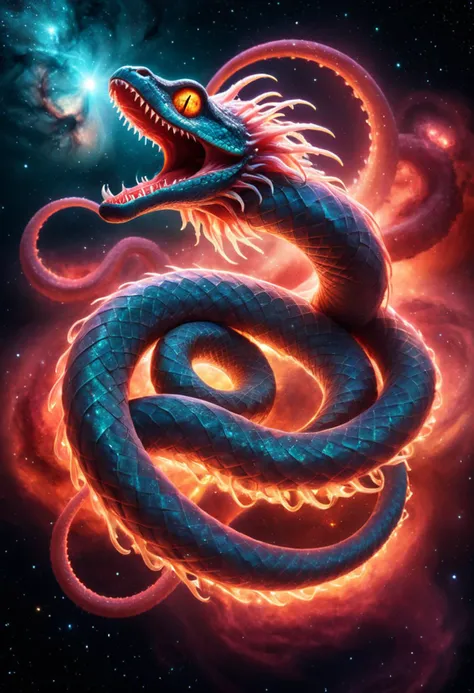 In a velvety midnight sky, an immense, iridescent serpent looms: Fuzzy fur glistens like stardust as it coils through a crimson-hued nebula, Eight prehensile-tailed octomanual limbs grasp ethereal stalactites, while decapod claws flex like solar flares, A gentle breeze rustles its celestial scales, casting an otherworldly glow across the cosmos, , (&:0)