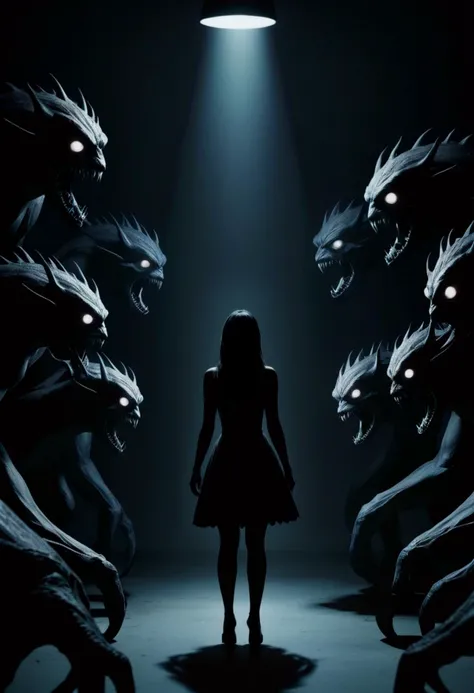 "As she turned around, she saw a group of monsters lurking in the shadows.", (&:0)