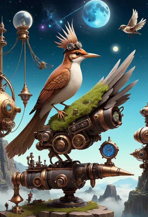 "A celestial procession unfolds on a stony outcropping amidst a galactic park's serene silence, where a tiny, cunning bird with bushy tail and fur-lined digitigrade feet sips fresh air, its beaming gaze rivaling the steampunk contraptions humming in the background, Good looks aside, this avian enigma holds court," , (&:0)